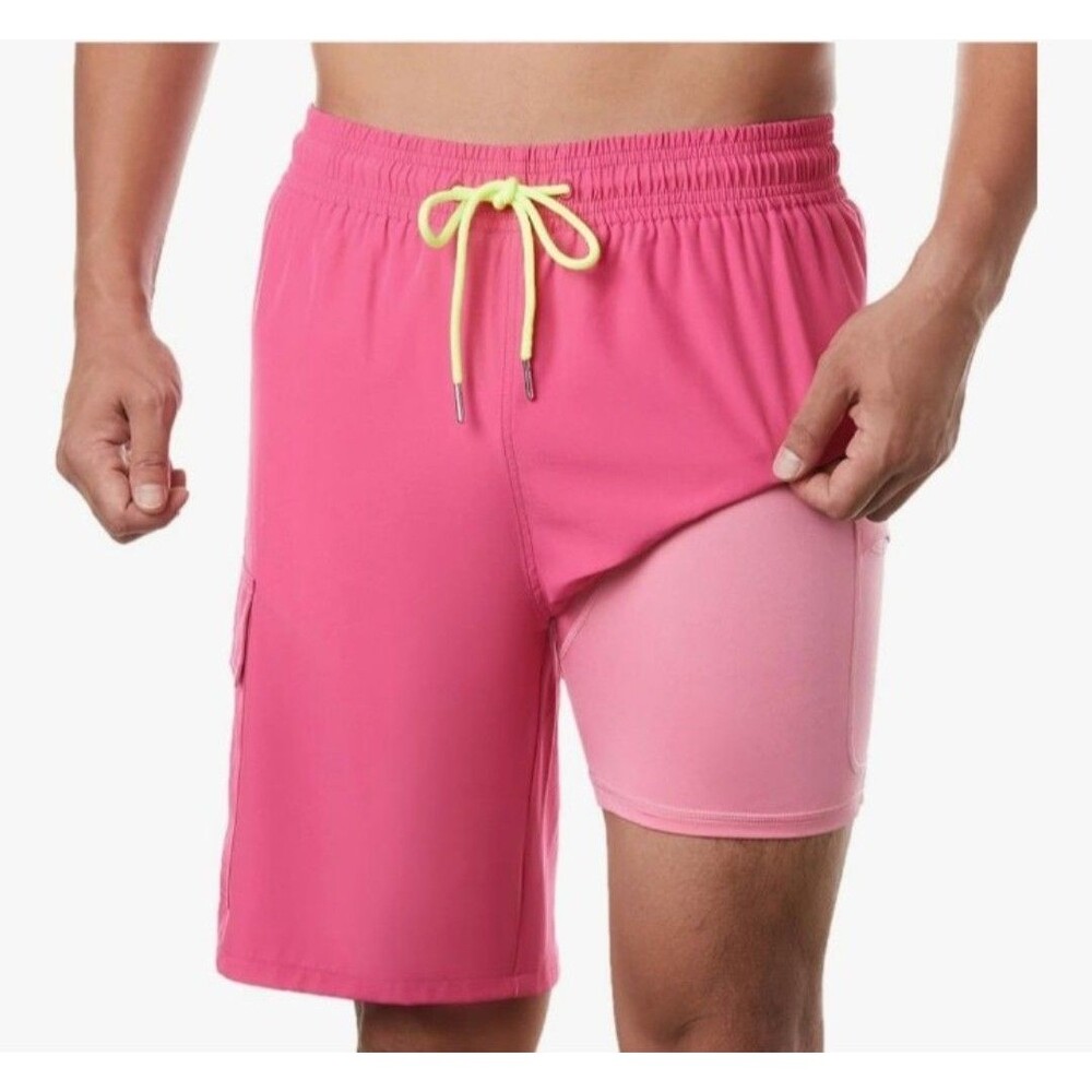 NWT BRISIRA Men's Pink Cargo Swim Trunks Quick Dry Stretch Compression Lined